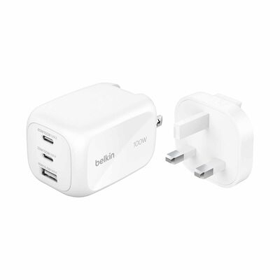 BELKIN 3-port Gan Wall Charger 100w + Inter Tip WCH016MYWH