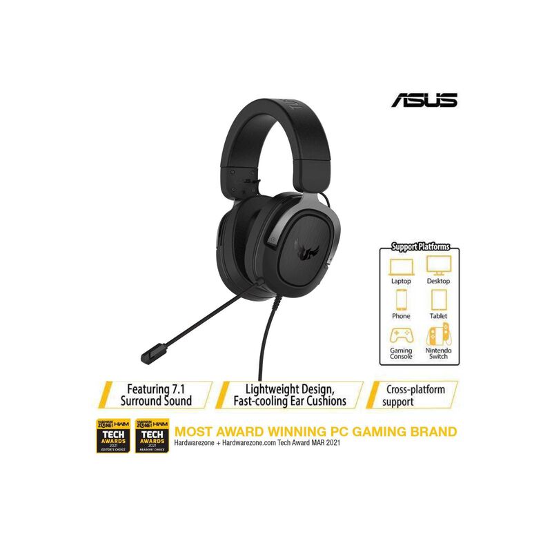 ASUS 3.5mm Lightweight Gaming Heads Et 7.1 Surround Sound W/ Mic AS TUF GAMING H3 (GUN METAL)-image 1
