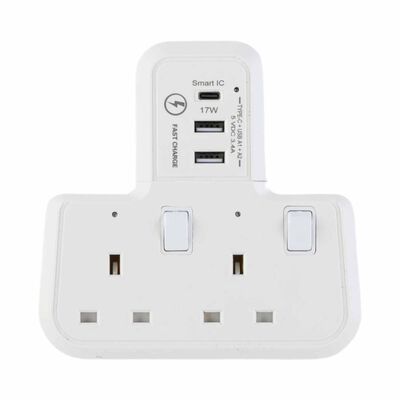 MORRIES T-shape 2 Way Socket Adaptor With 2 Usb And 1 Type C MS-202USBCTSA