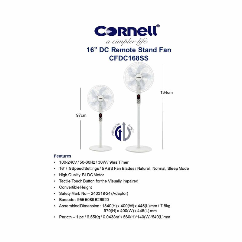 CORNELL 16 In Dc Stand Fan With Remote Control CFDC168SS-image 5