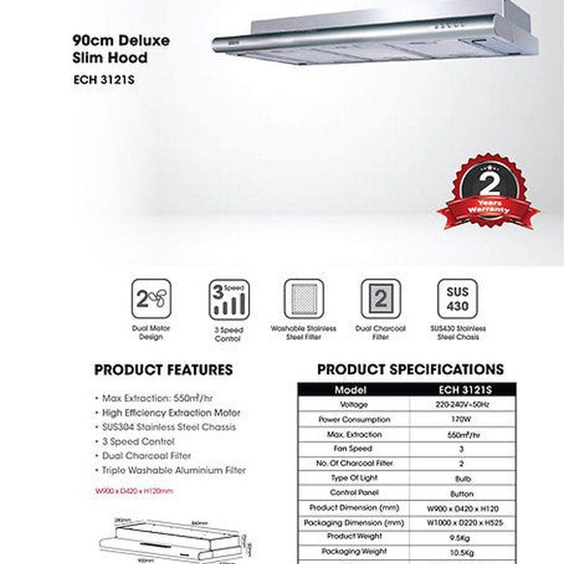 OTIMMO Otimmo Twin Motor Integrated Hood (90cm) (excl. Install) ECH3121S-image 2