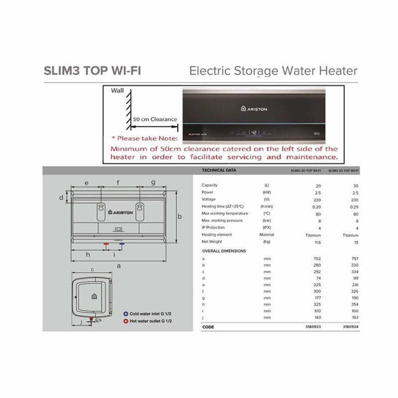ARISTON Wifi Storage Water Heater 30l (installation Charges Applies) SLIM3 30 TOP WIFI SIN-image 2