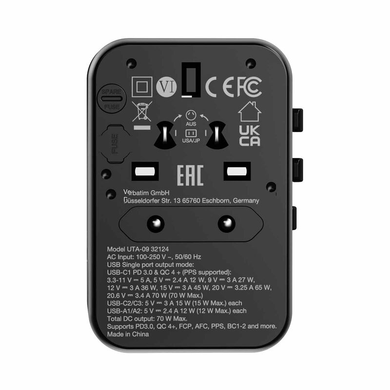 VERBATIM Uta-09 Gan Iii Universal Travel Adapter 1 X Usb-c Pd 70w / 2 X Usb-c / 2 X Usb-a VM32124-image 4