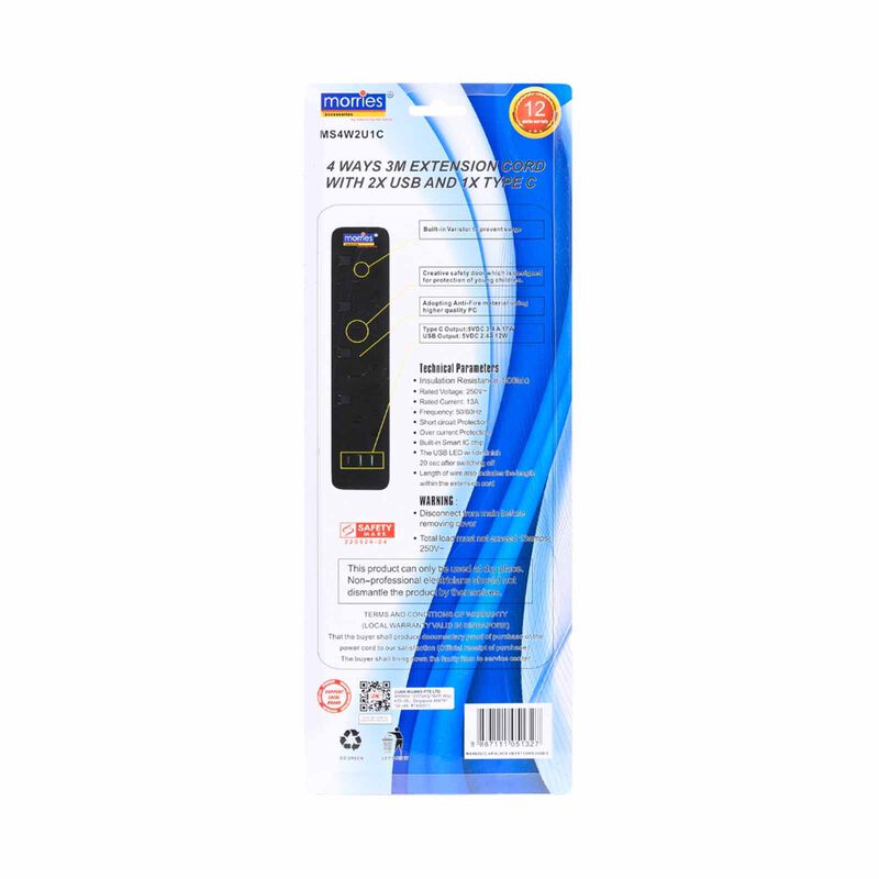 MORRIES 4 Way 3m Extension Cord (2 Usb And 1 Type C) Black MS-4W2U1C/3M/BK-image 2
