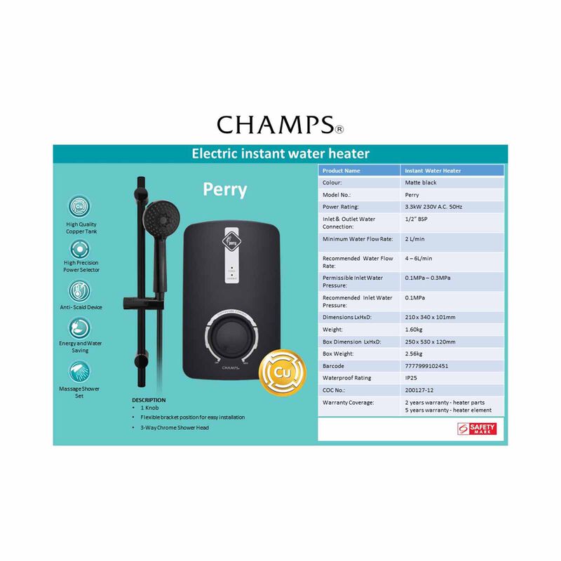 CHAMPS Electric Instant Water Heater - Matt Black (installation Charges Applies) PERRY - MATT BLACK-image 5