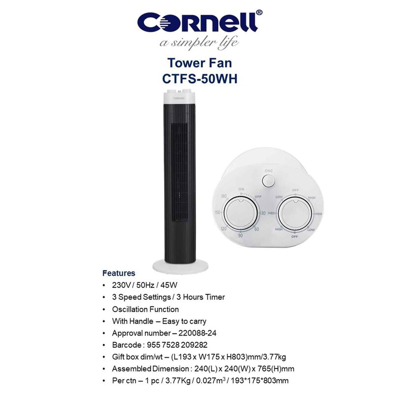 CORNELL Tower Fan (white) CTFS50WH-image 9