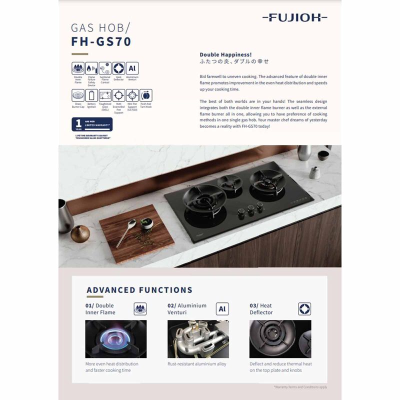 FUJIOH 78cm 2 Burners Gas Hob (tg) - Stainless Steel (exclude Installation) FH-GS7020 SVSS TG-image 2