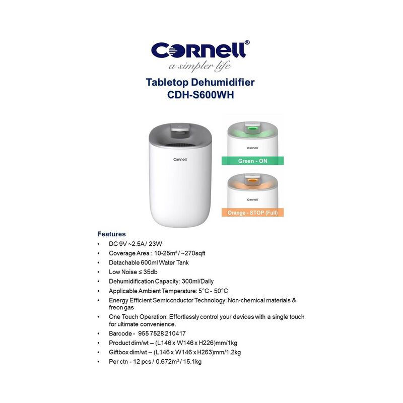 CORNELL Tabletop Dehumidifier CDHS600WH-image 8