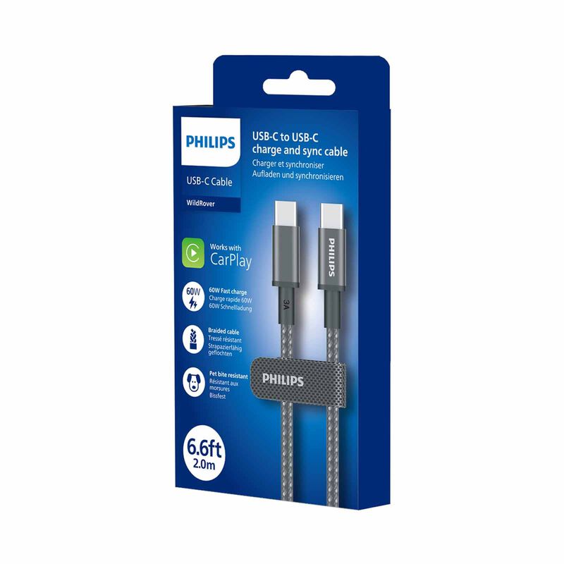 PHILIPS 60w Cable C To C - 2 Meter Black Braided 480 Mbps Sync And Charge DLC5060C/00-image 3