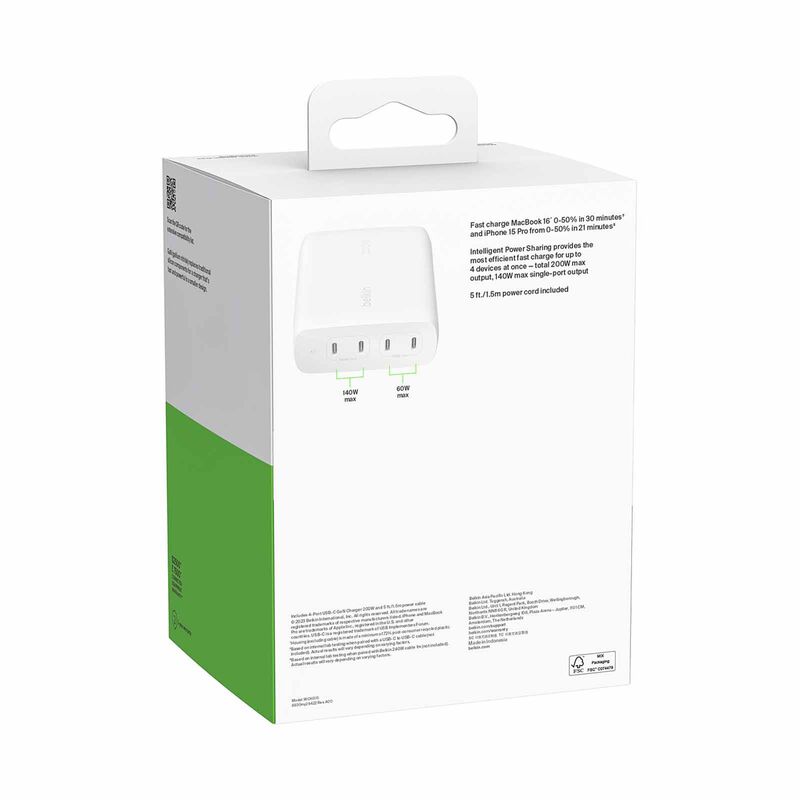 BELKIN 200w Usb-c Charger, Gan, 4-port WCH015MYWH-image 5