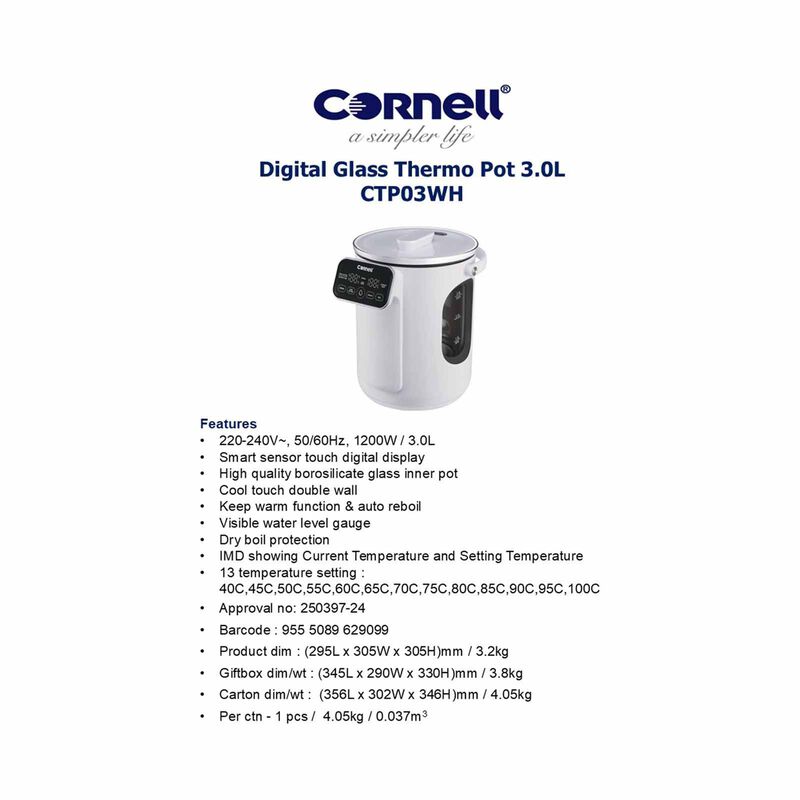 CORNELL Digital Glass Thermo Pot (3.0l) CTP03WH-image 10