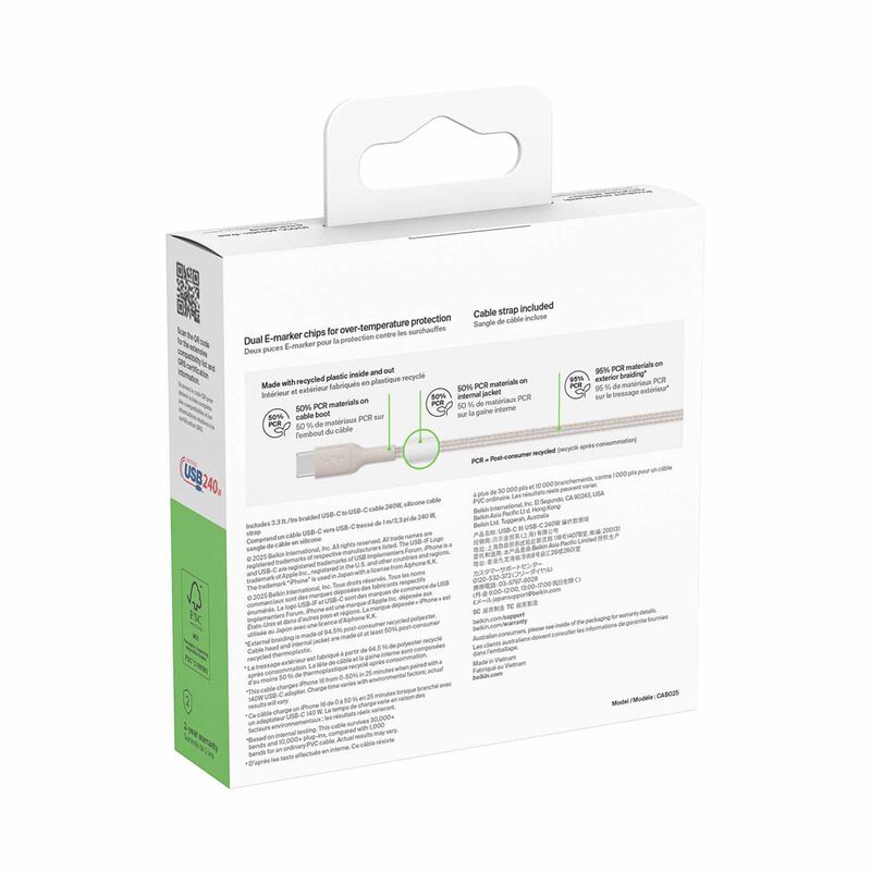 BELKIN Usb-c - Usb-c Cable 240w 2.0, Braided Pcr, 1m, Sand CAB025FQ1MSD-image 3