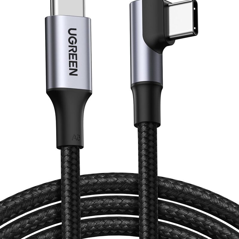 UGREEN Usb-c 2.0 To Angled Usb-c M/m Round Cable Aluminium Shell With Braided 2m (black), 100w & 480mbps 70645-image 1