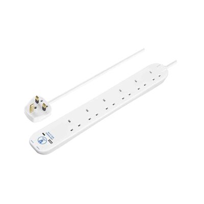 MASTERPLUG Surge Extension Lead 6 Socket, Fast Charge Usb A & C White SRGUAC2262N