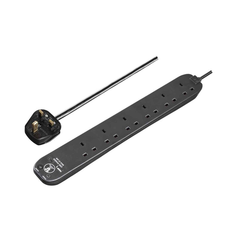 MASTERPLUG Surge Extension Lead 6 Socket, Fast Charge Usb A & C Black SRGUAC2262NB-image 1