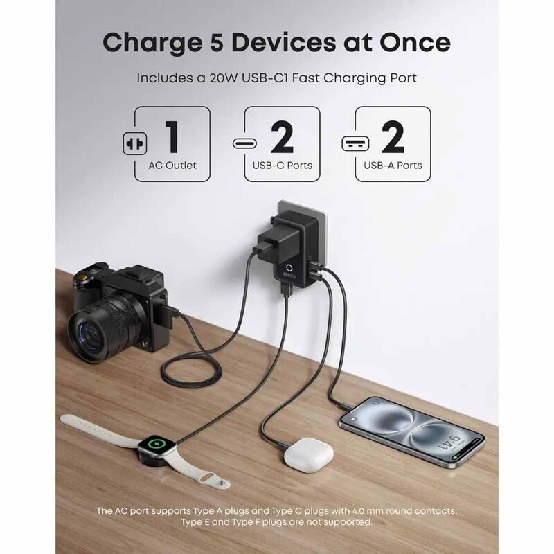 ANKER Nano 5-in-1 Travel Adapter 20w 2c+2a Travel Charger A9215 - Black A9215H11-image 6