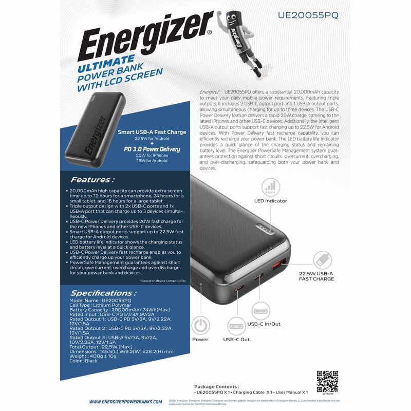 ENERGIZER Power Bank 20000mah Fast Charging Black UE20055PQ-image 7