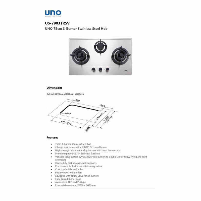 UNO 75cm 3 Burner Stainless Steel Hob, Battery Operated Ignition US-7903TRSV-image 2