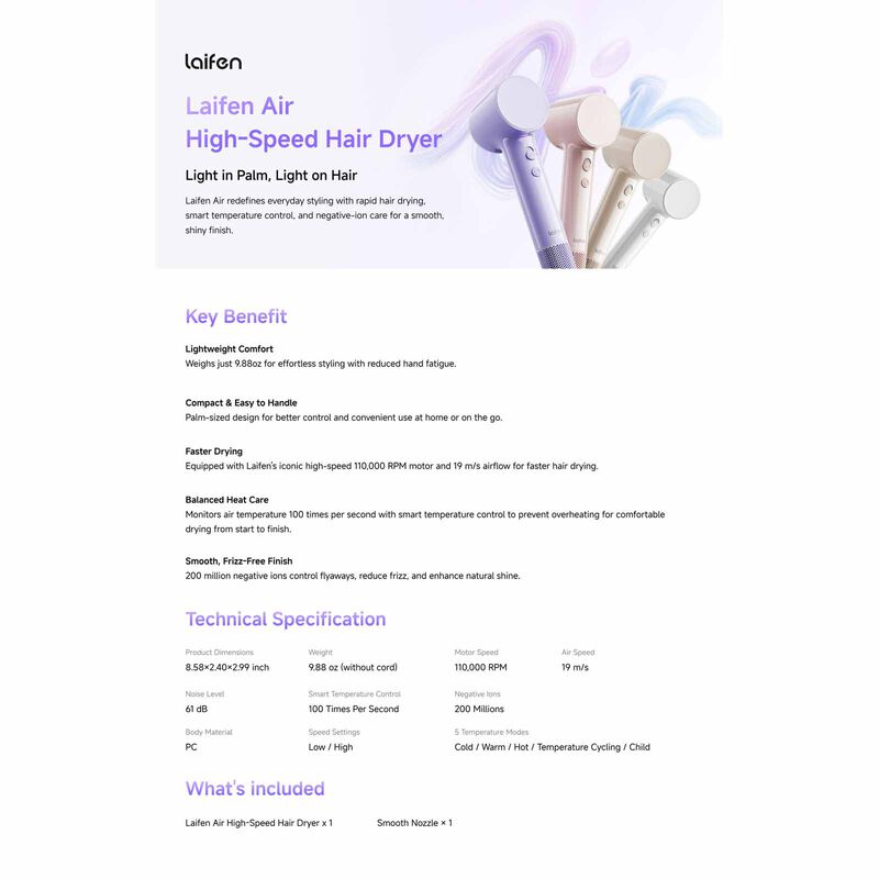 LAIFEN Air High-speed Hair Dryer - Purple AIR - PURPLE-image 14