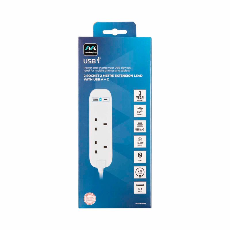 MASTERPLUG 2 Socket 2m Extension Lead W Usb A+c BTGUAC102N-image 8