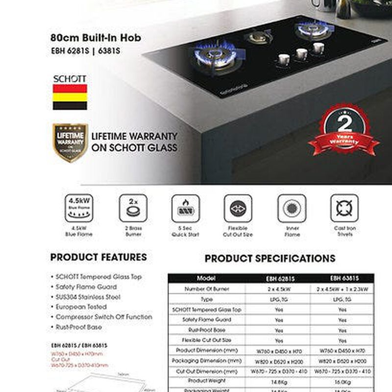 OTIMMO 3 Burner Gas Hob (90cm) (tg) (exclude Installation) EBH6391S (TG ONLY)-image 3