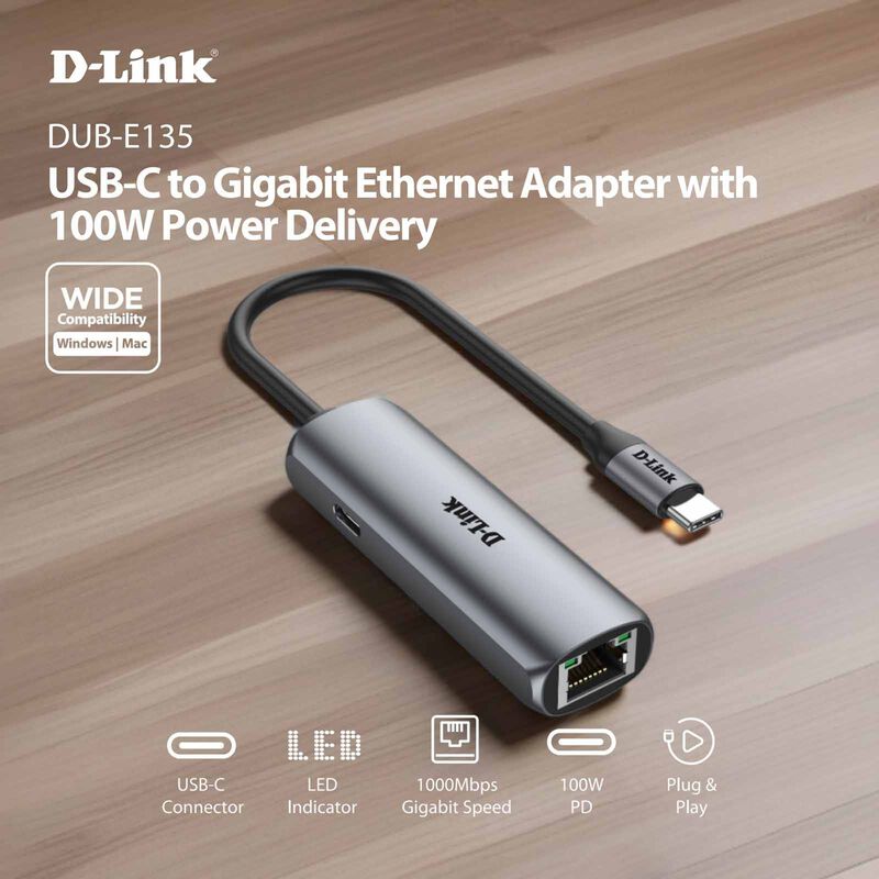DLINK Usb-c To Gigabit Ethernet Adapter With 100w Power Delivery DUB-E135-image 3
