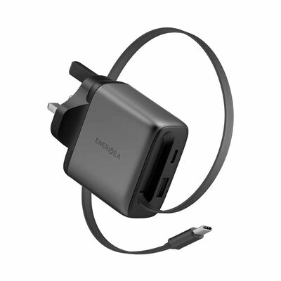 ENERGEA Ampcharge Arc 65, Pd/pps/qc3.0 Gan Wall Charger With Retractable Cable, 65w (uk) - Gunmetal CHR-AC-ARC65UK