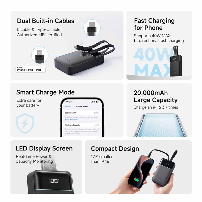 CUKTECH Powerbank 20000mah Pd 40w C+l Cable CKB200NLMXGY-image 2