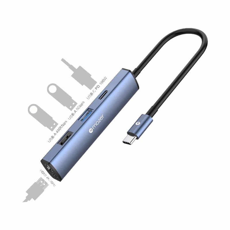 MAZER Infinitehub 4in1 Usb-c To Hdmi 4k/30hz + Usb-a X2 + Usb-c Pd100w Charging Hub - Indigo M-HUB51-IG-image 3