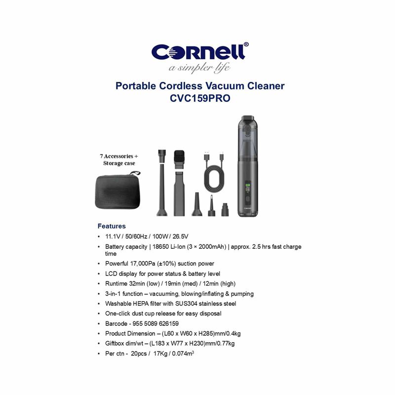 CORNELL Portable Cordless Vacuum Cleaner CVC159PRO-image 8