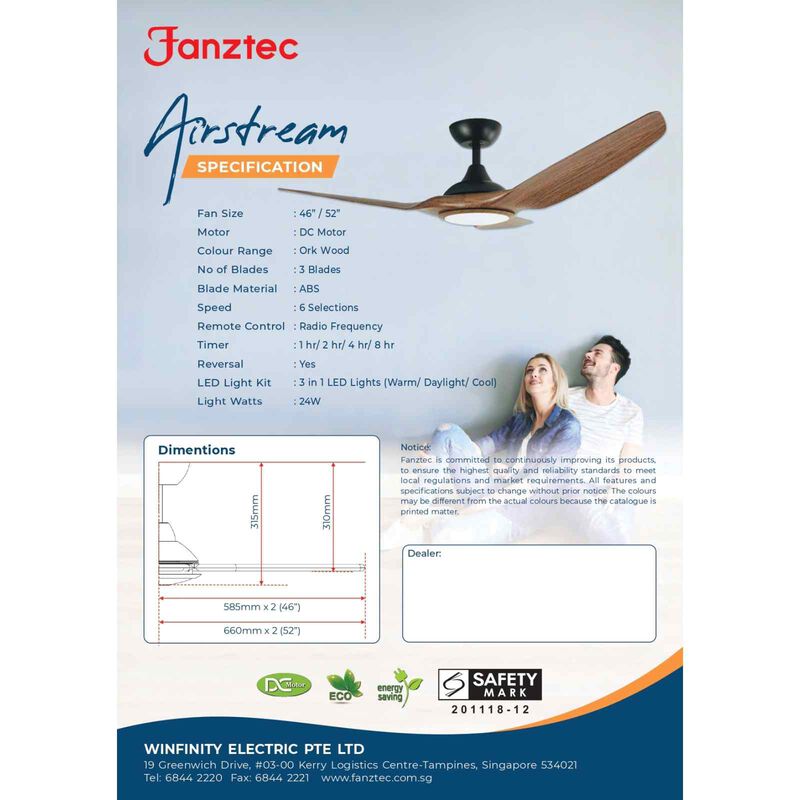 FANZTEC 46 In Dc Ceiling Fan With Led Light (ork Wood) AIRSTREAM 46" ORK WOOD-image 4