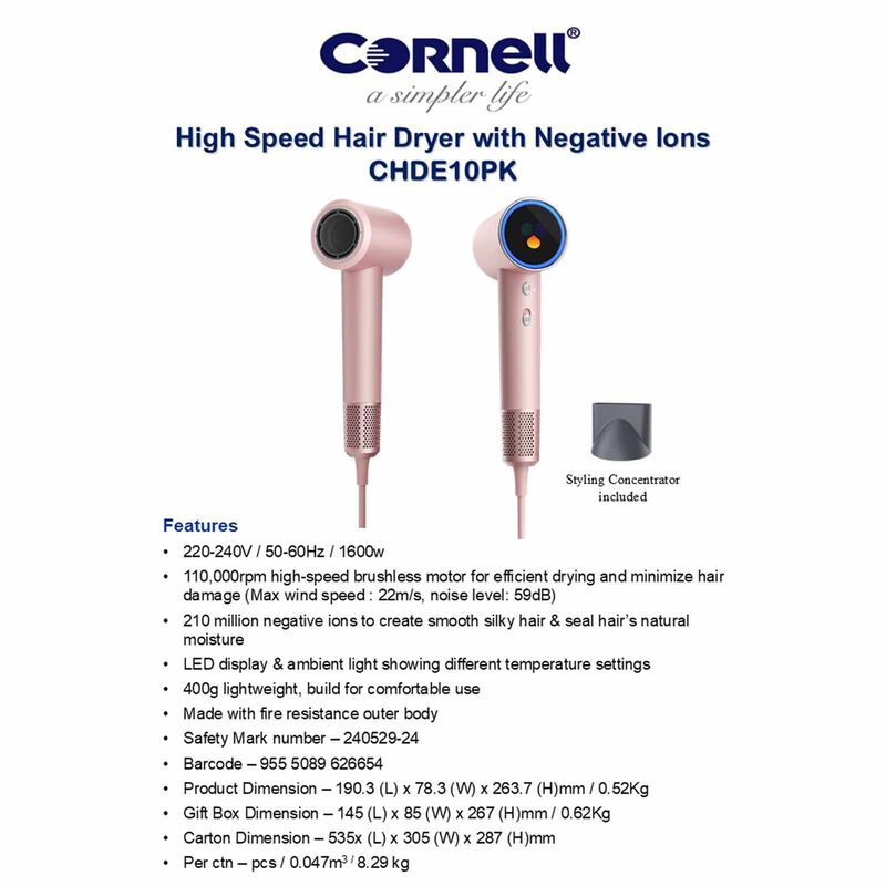 CORNELL High Speed Hair Dryer With Negative Ions - Pink CHDE10PK-image 7