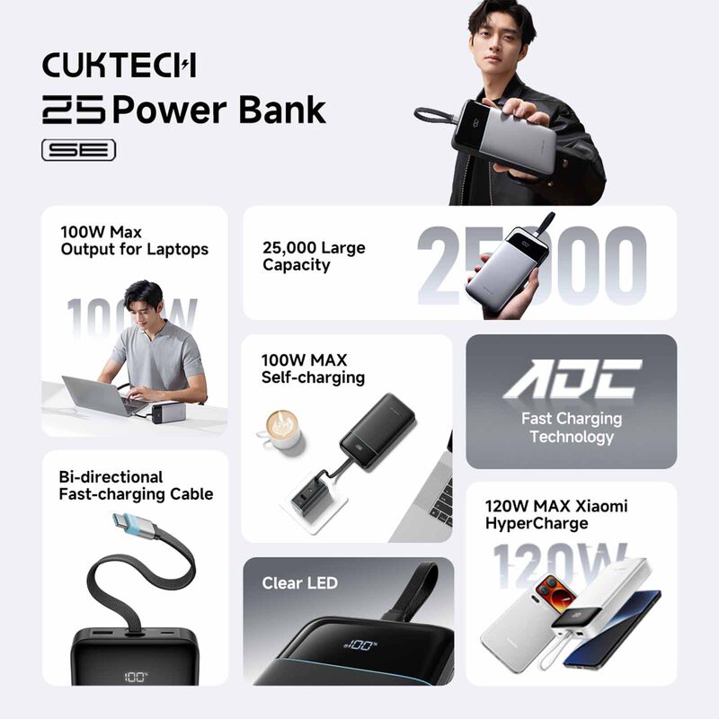 CUKTECH Powerbank 25000mah Pd 120w C Cable - Black CUKL252NCHBL-image 2
