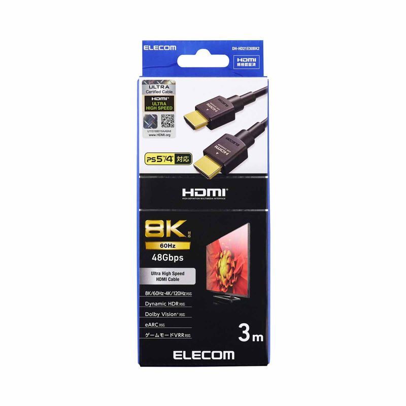 ELECOM Hdmi Cable Ver 2.1 8k Uhdr 3.0m Blk DH-HD21E30BK2-image 1