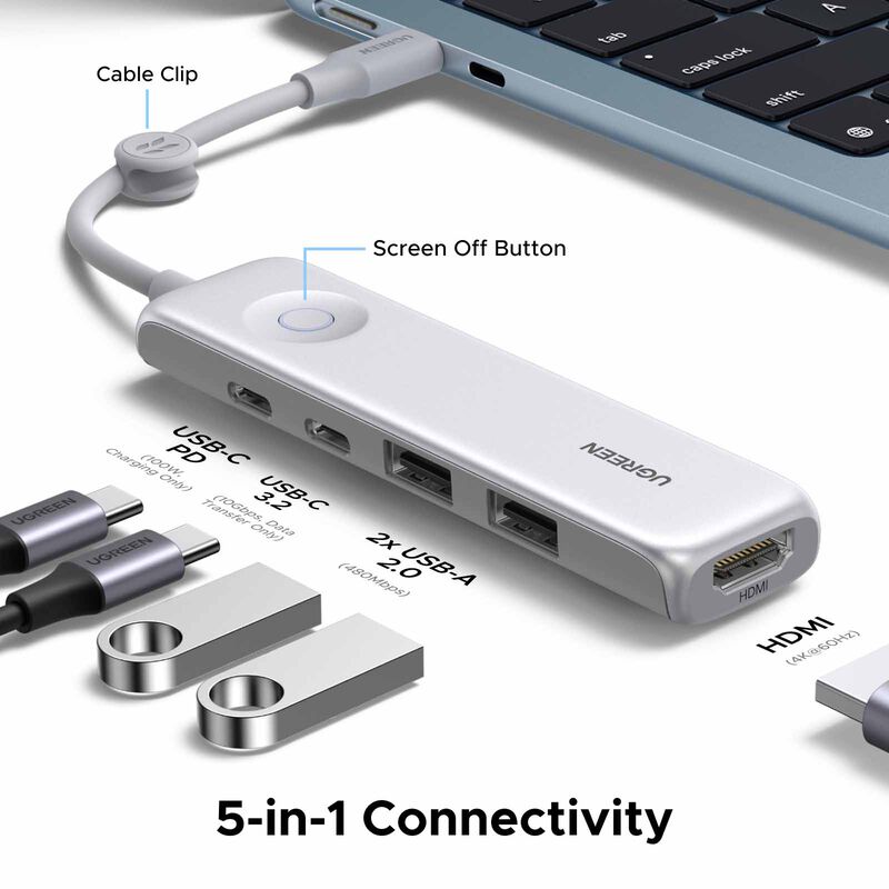 UGREEN 5-in-1 Usb-c Hub (usb-c To Hdmi+usb-c3.2+2&times;usb-a2.0+pd) - On/off Presetnation Button U601_95189-image 3