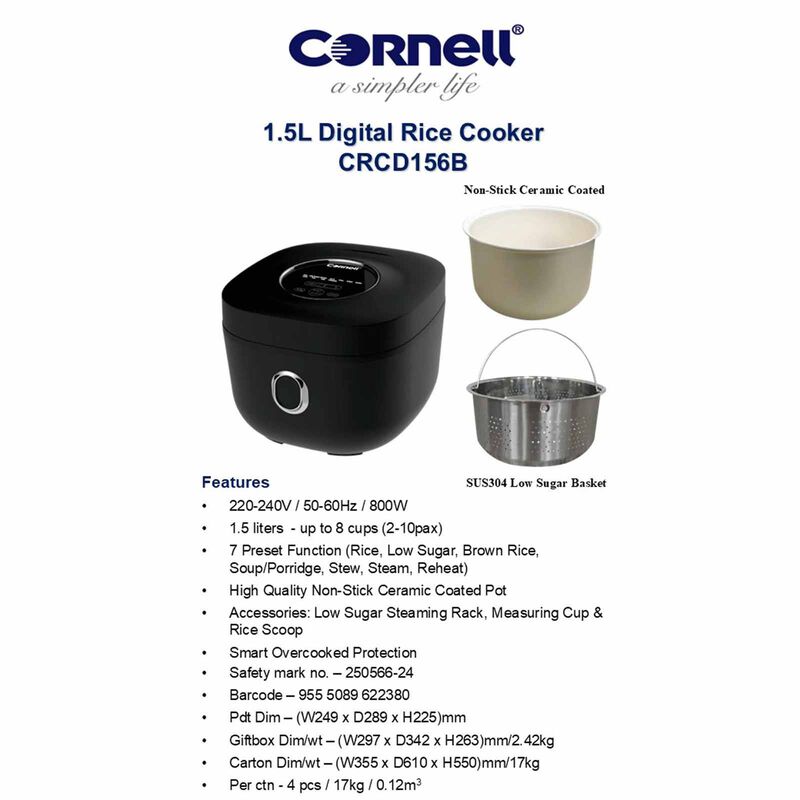 CORNELL Digital Rice Cooker With Low Sugar Basket (1.5l) CRCD156B-image 6