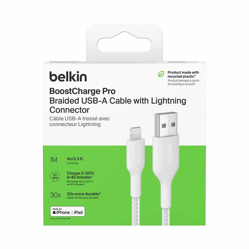 BELKIN Usb-a - Lightning Cable, Braided Pcr, 1m, White CAA020FQ1MWH-image 2