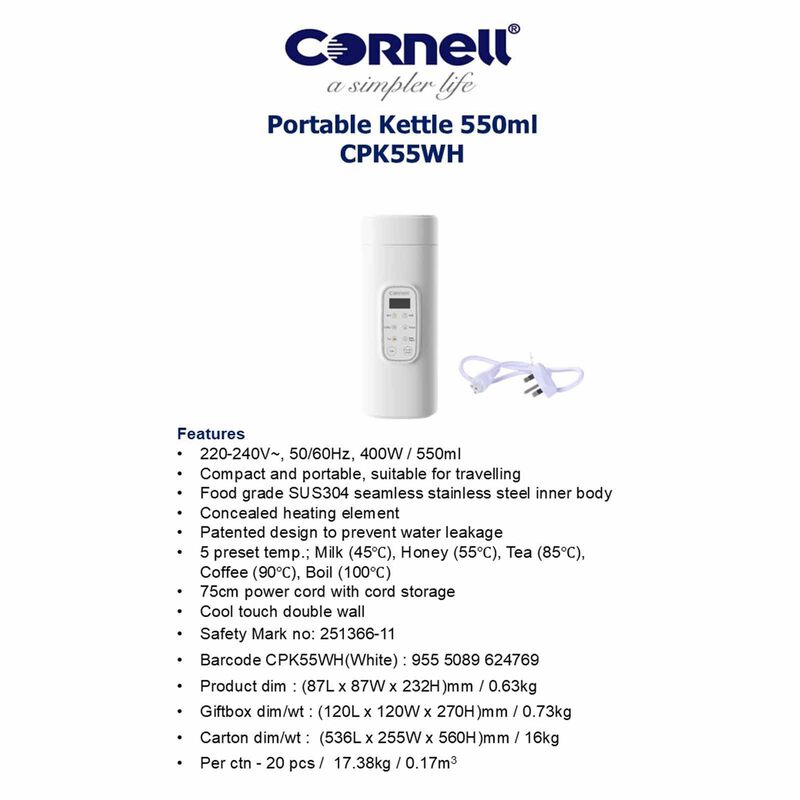 CORNELL Portable Kettle (550ml) - White CPK55WH-image 4