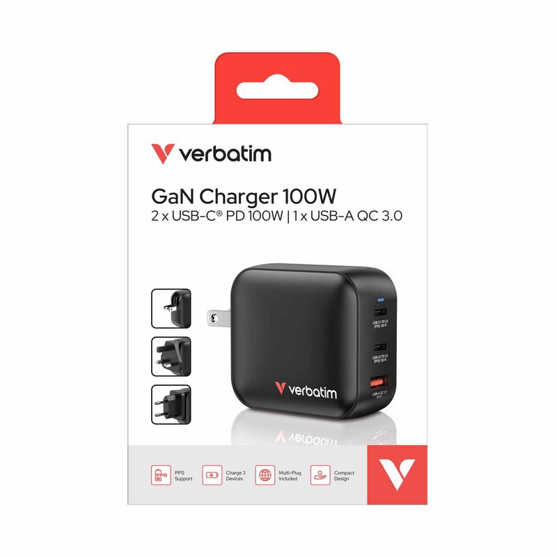VERBATIM Mini Gan Charger 100w 3 Port Us Plug W Eu And Uk Adapter VM32230-image 5