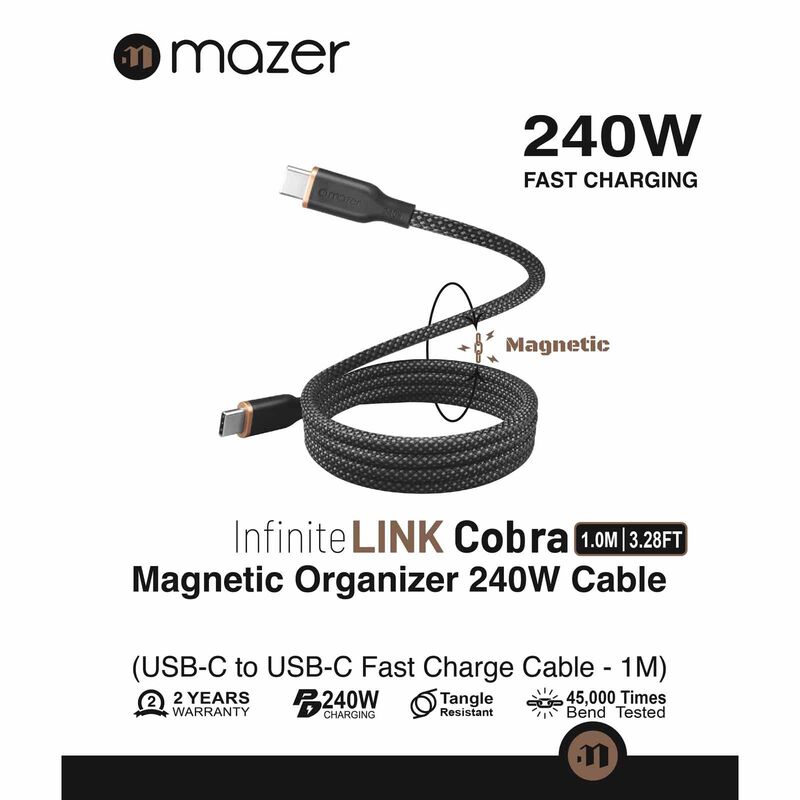MAZER Magnetic 1m/240w Fast Charging Cable - Black M-COBRA-C1240-BK-image 4