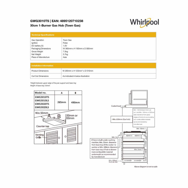 WHIRLPOOL Domino Gas Hob Single Burner Ts (town Gas) GWG3010TS-image 3
