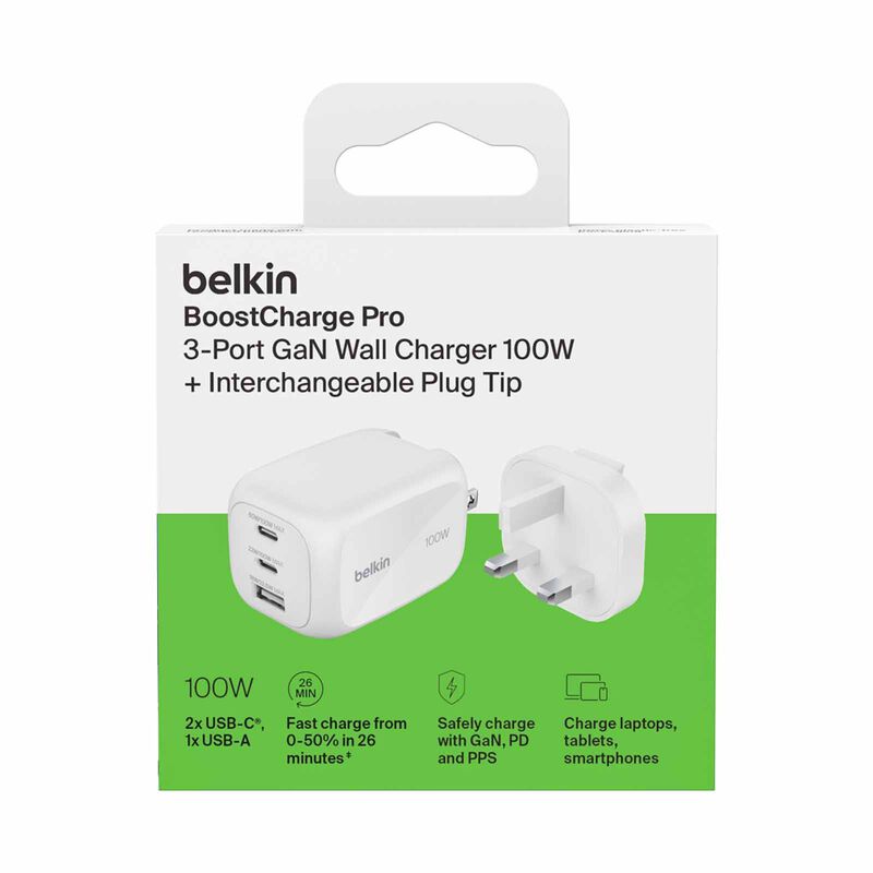 BELKIN 3-port Gan Wall Charger 100w + Inter Tip WCH016MYWH-image 4