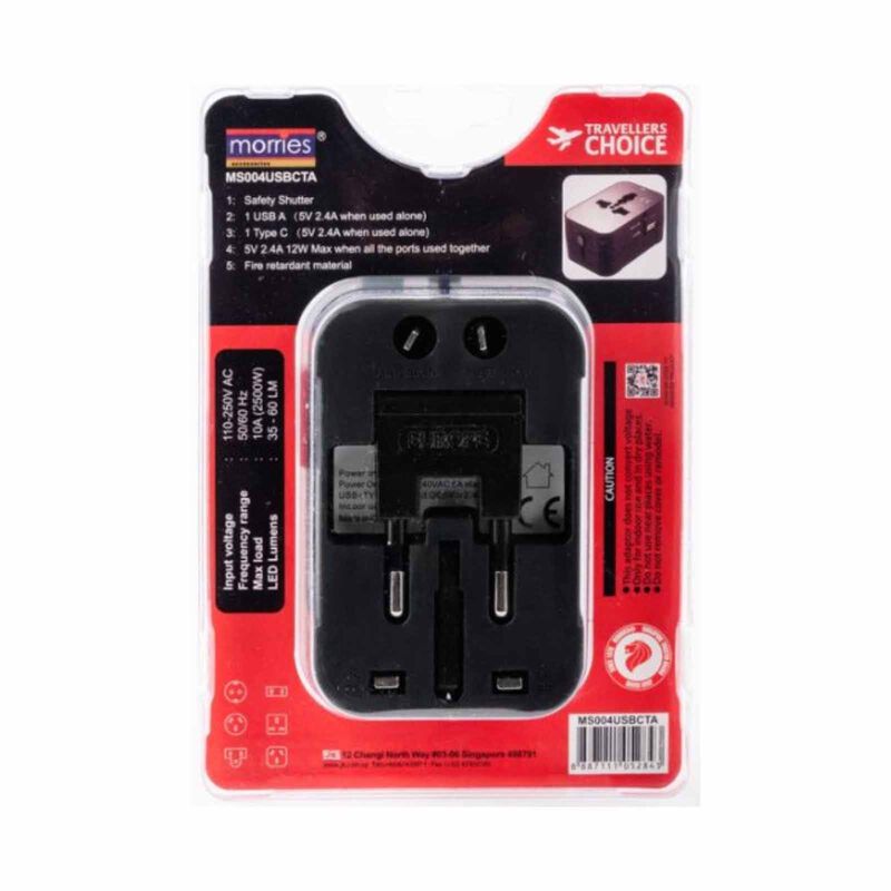 MORRIES Travel Adaptor With 1 Type C And 1 Usb (2.4a) 5v 12w MS-004USBCTA-image 2