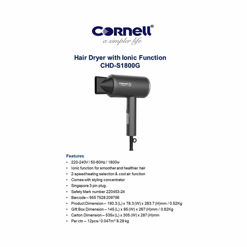 CORNELL Hair Dryer With Ionic Function (1800w) CHDS1800G-image 5