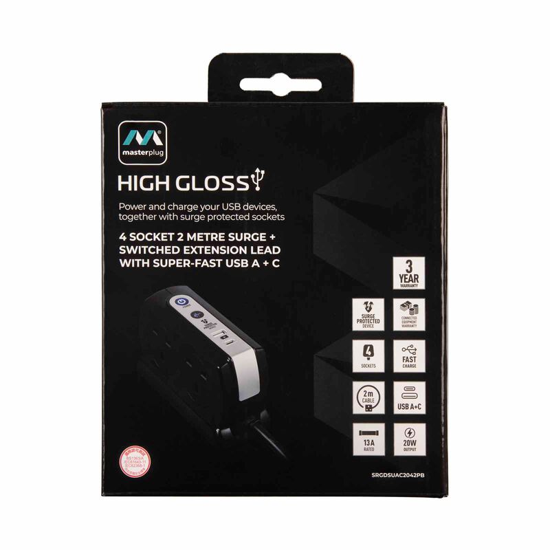 MASTERPLUG 4 Socket 2m Surge+switched Extension W Usb A+c SRGDSUAC2042PB-image 5