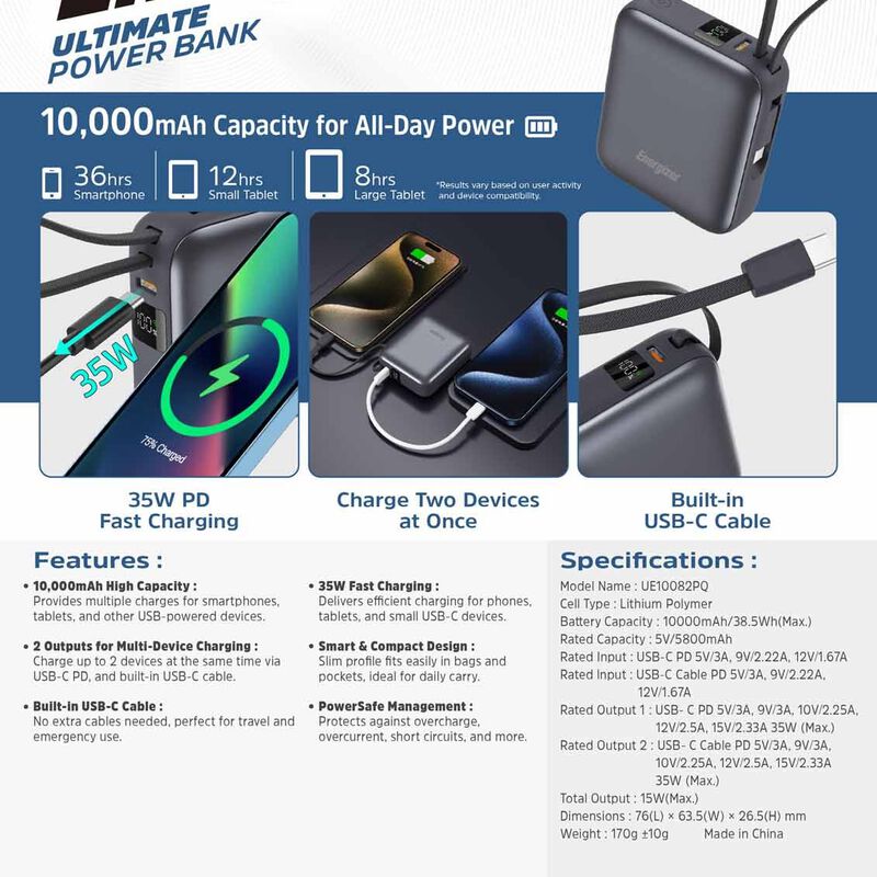 ENERGIZER 10000mah Pd+qc Lcd Built In Usb-c Cable Ccc Powerbank UE10082PQ_GY_CL-image 3