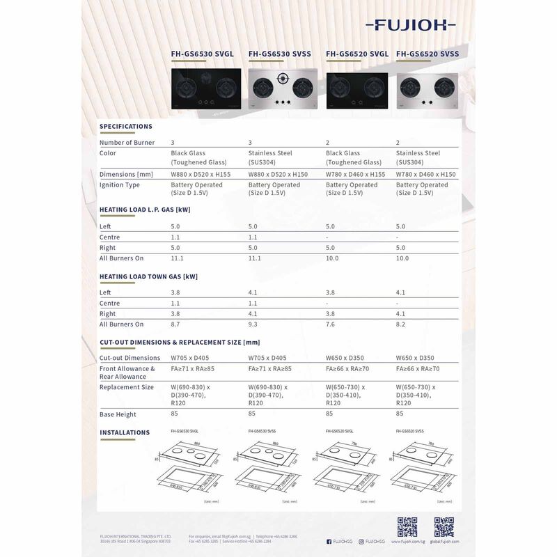 FUJIOH 78cm 2 Burners Gas Hob (lpg) - Glass (exclude Installation) FH-GS6520 SVGL LPG-image 2