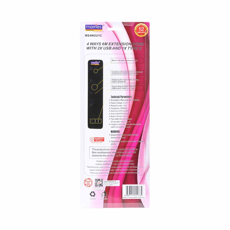MORRIES 4 Way 6m Extension Cord (2 Usb And 1 Type C) Black MS-4W2U1C/6M/BK-image 2