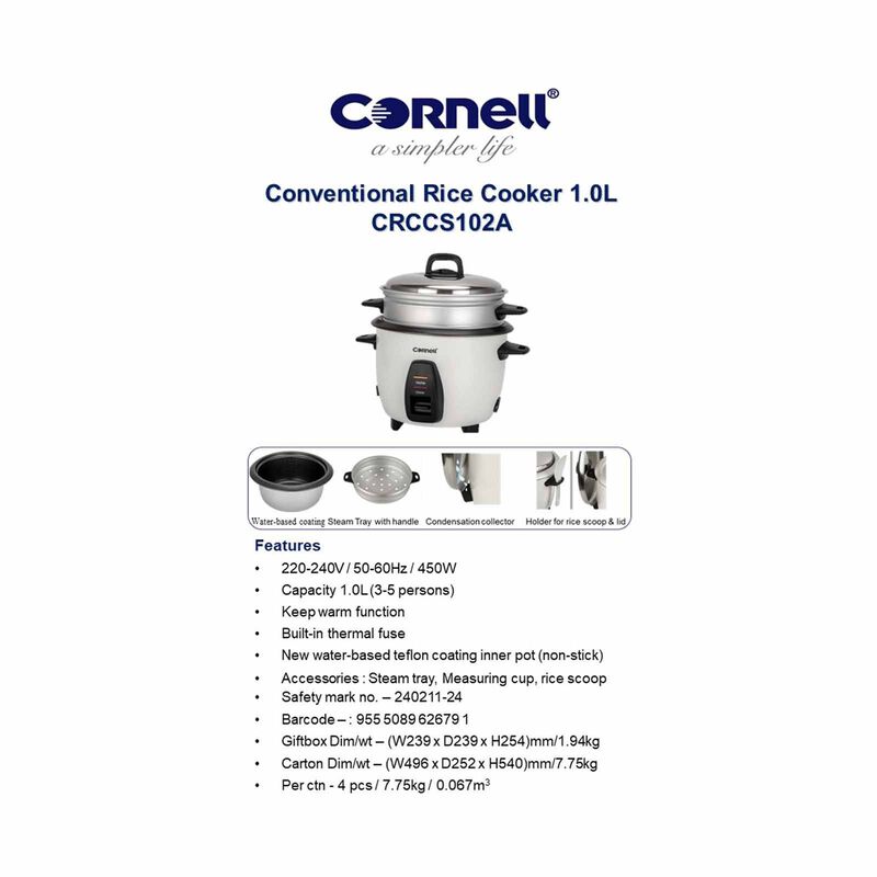 CORNELL Conventional Rice Cooker (1.0l) CRCCS102A-image 6