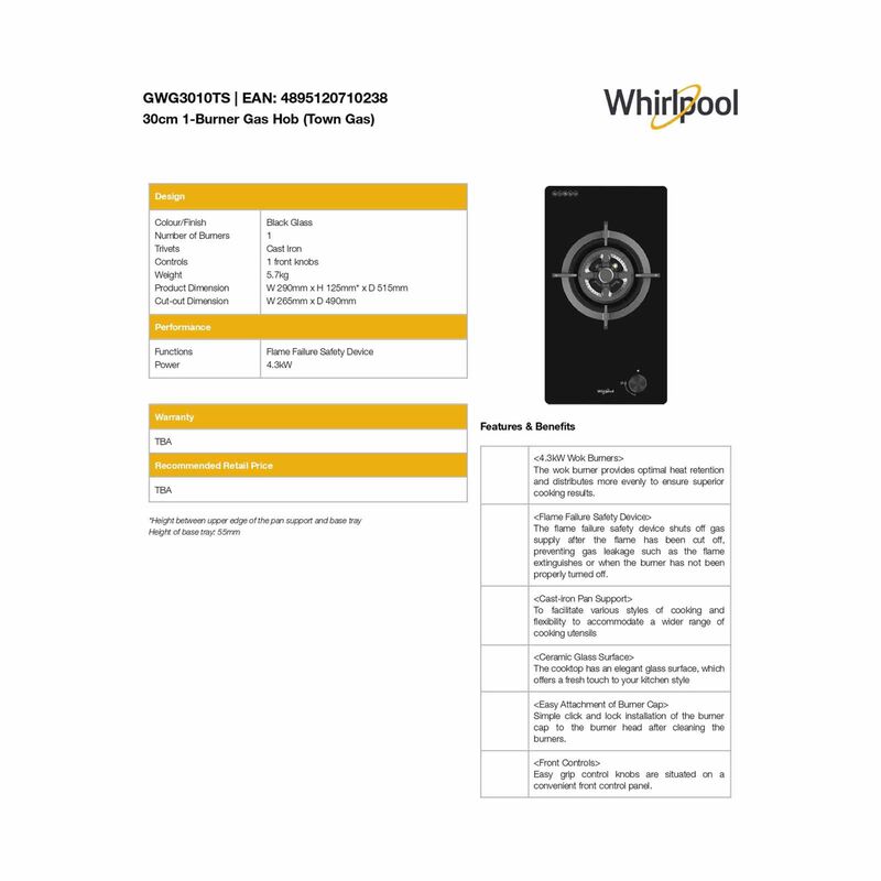 WHIRLPOOL Domino Gas Hob Single Burner Ts (town Gas) GWG3010TS-image 4